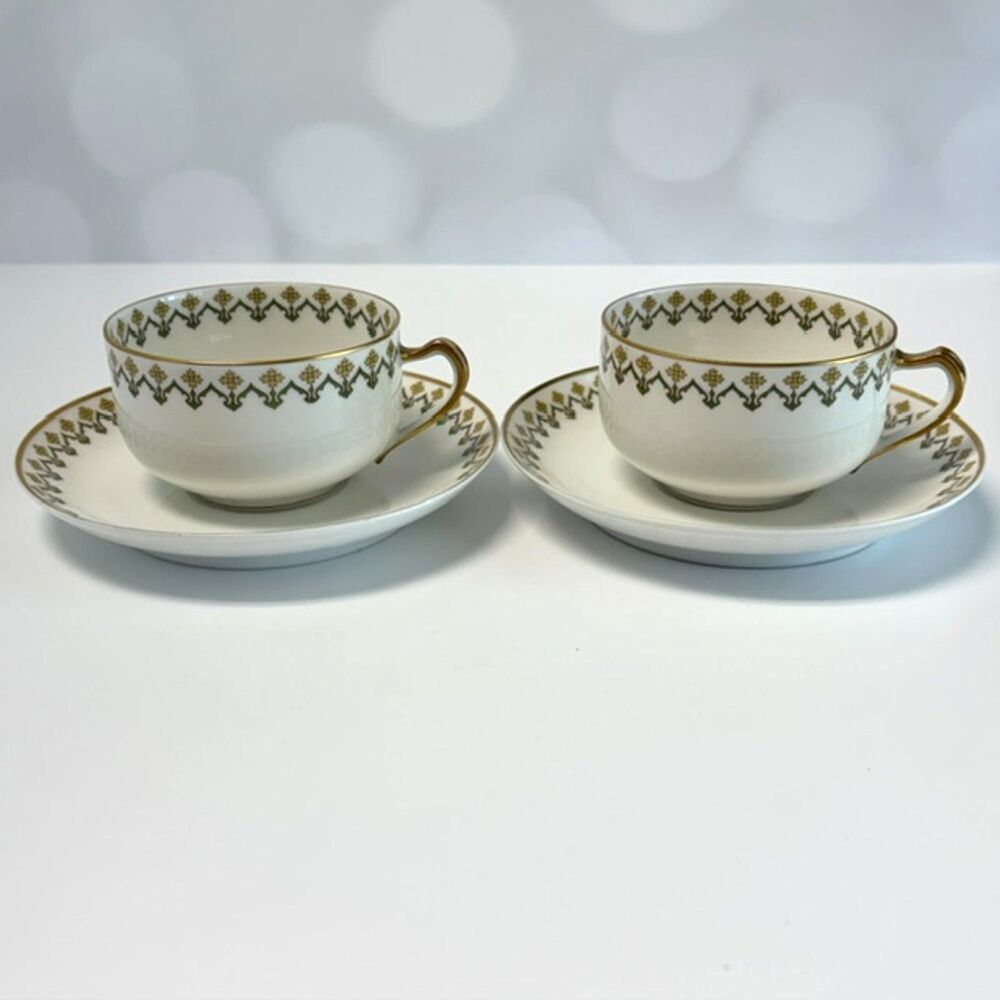 Haviland Limoges Schleiger 570 Teacup Saucer Sets Green Gold Set of 2